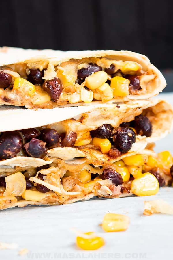 black bean corn quesadilla filling with cheese