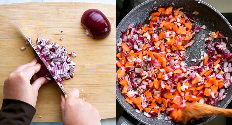 prep veggies and saute vegetables in pan