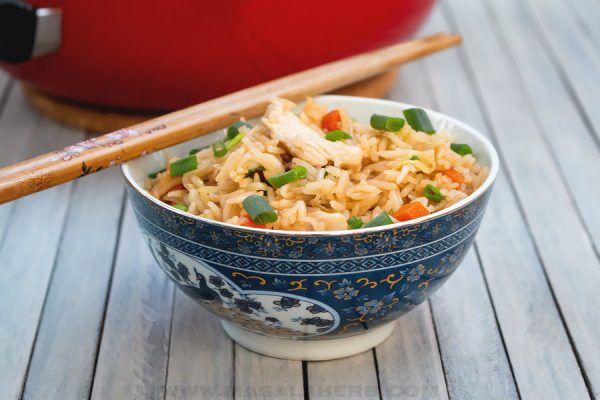 bowl of fried rice with chicken