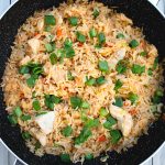 chicken fried rice in shallow pan