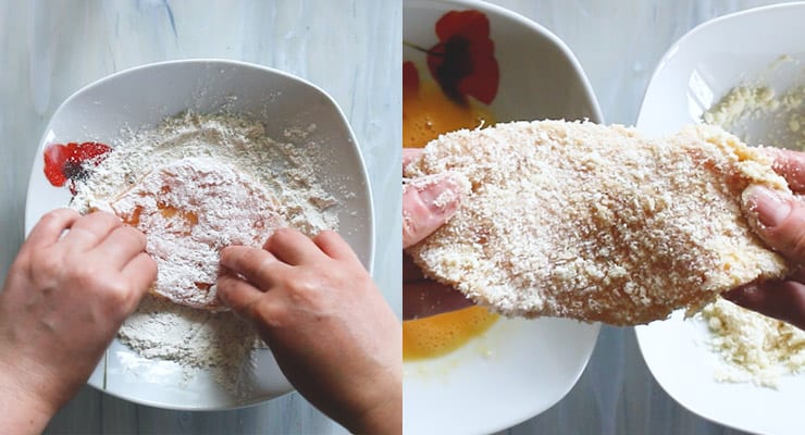 coat chicken with flour, egg and parmesan