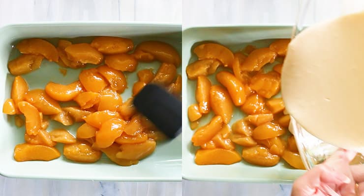 place peach into a pan and pour batter over that.