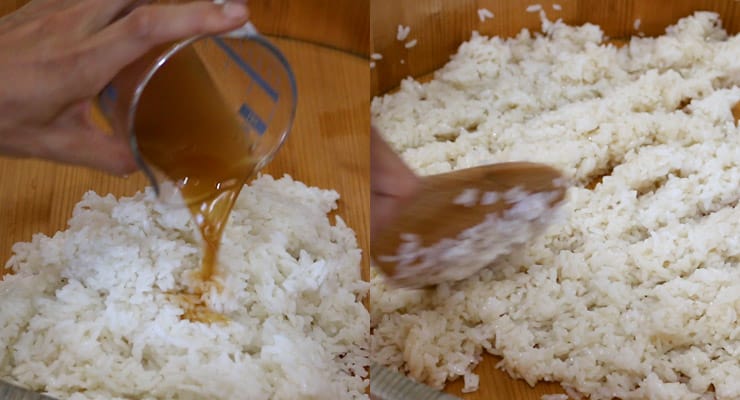 pour seasoning over sushi rice and spread out rice to cool down