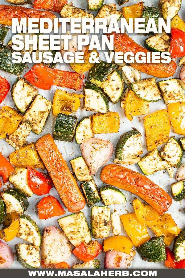 bird's eye's view of sheet pan with roasted veggoes and sausage