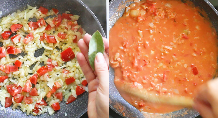 saute onion tomato and build up sauce