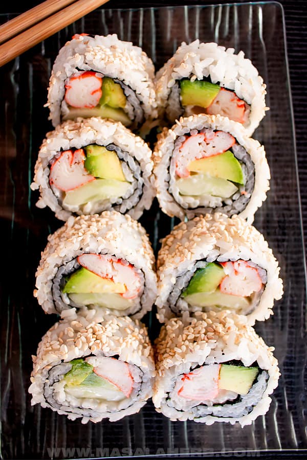 cut California sushi on a tray bird's eyes view