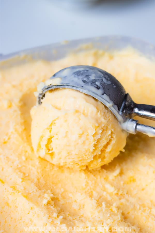 close up mango ice cream scoop