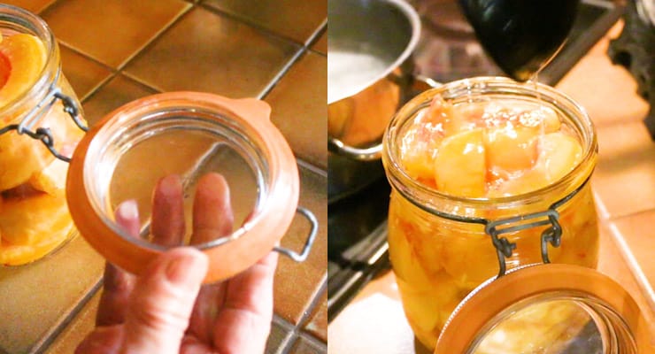 pour sugar syrup over fruits in jar and adjust rubber ring