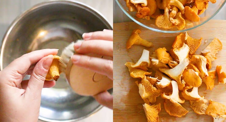 clean and cut chanterelle mushrooms