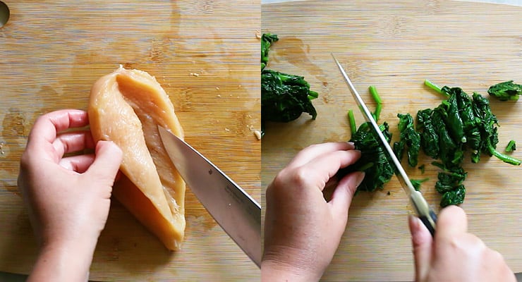 cut pocket into chicken breast and chop spinach