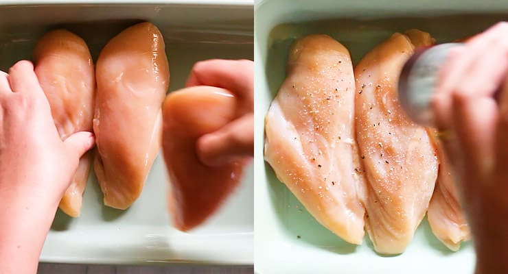 arrange chicken in baking dish and season