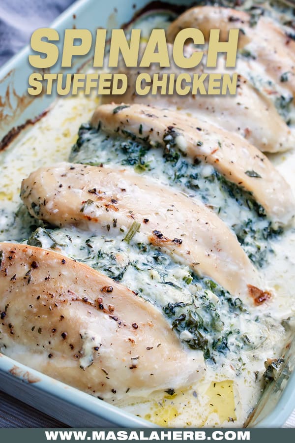 casserole dish with chicken stuffed spinach with cream cheese