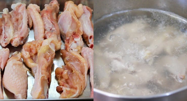cut chicken wings and boil to get rid of impurities
