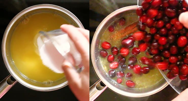 pour orange juice and sugar into pan with the cranberries.