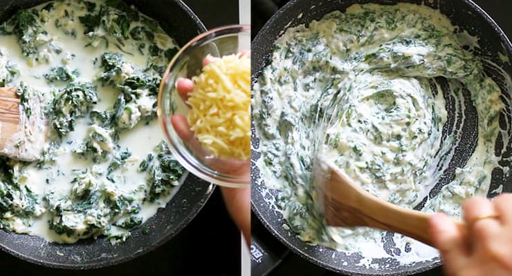 add cheese and cream cheese to spinach