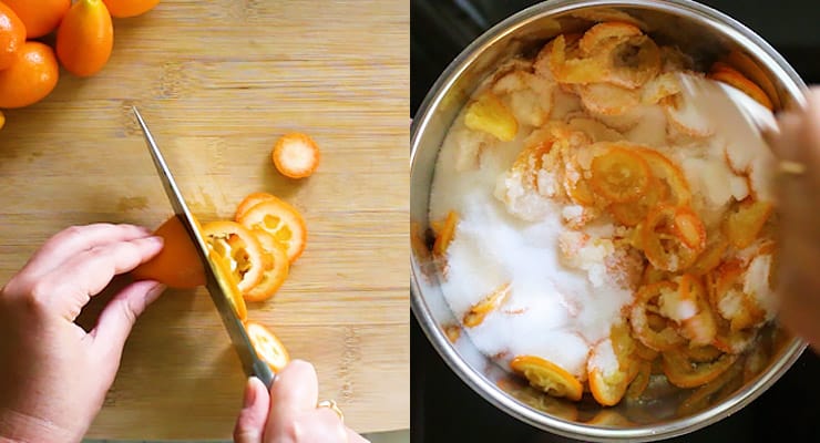 slice kumquat and stir in sugar and lemon juice