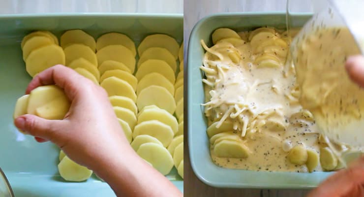 arrange potato slices and pour filling over