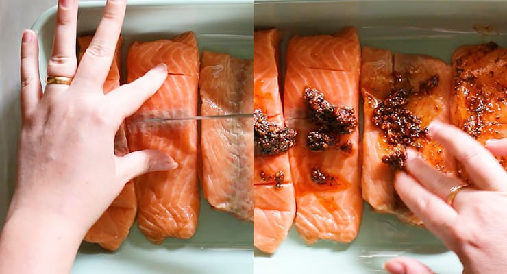 cut salmon in and spread seasoning over the fish