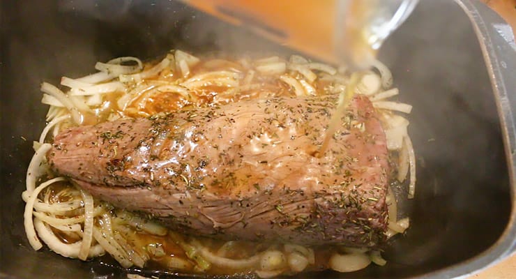 sear beef and pour broth over tit