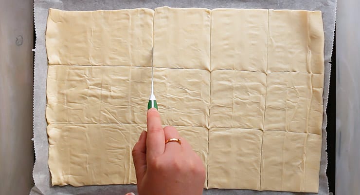 cut puff pastry sheet into squares