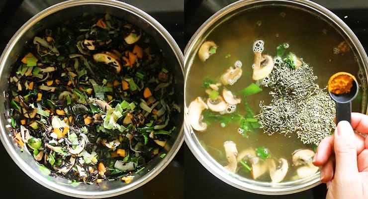 sautee vegetables and wild rice, pour in broth and season