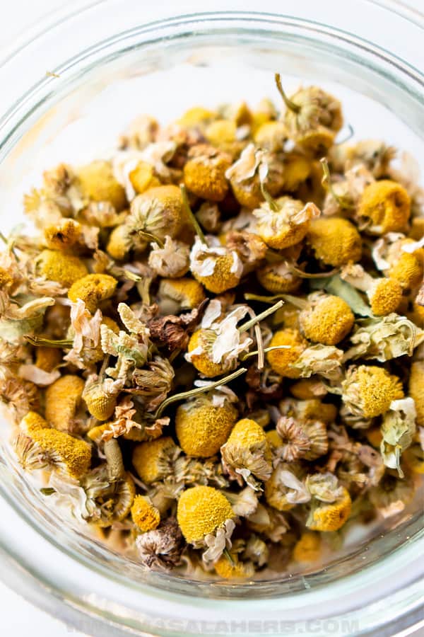 close up chamomile flower buds dried