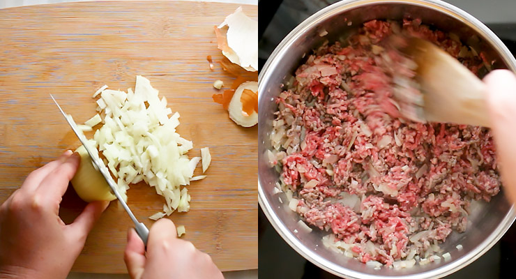 cho onion and garlic, cook onion garlic with ground meat