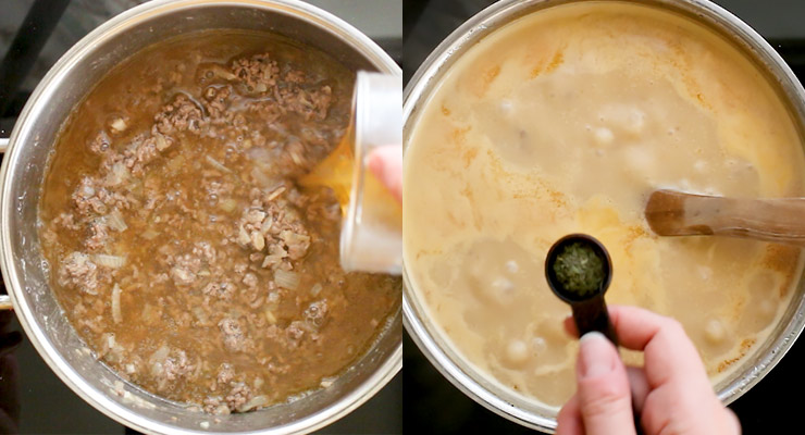 pour broth to ground beef, season