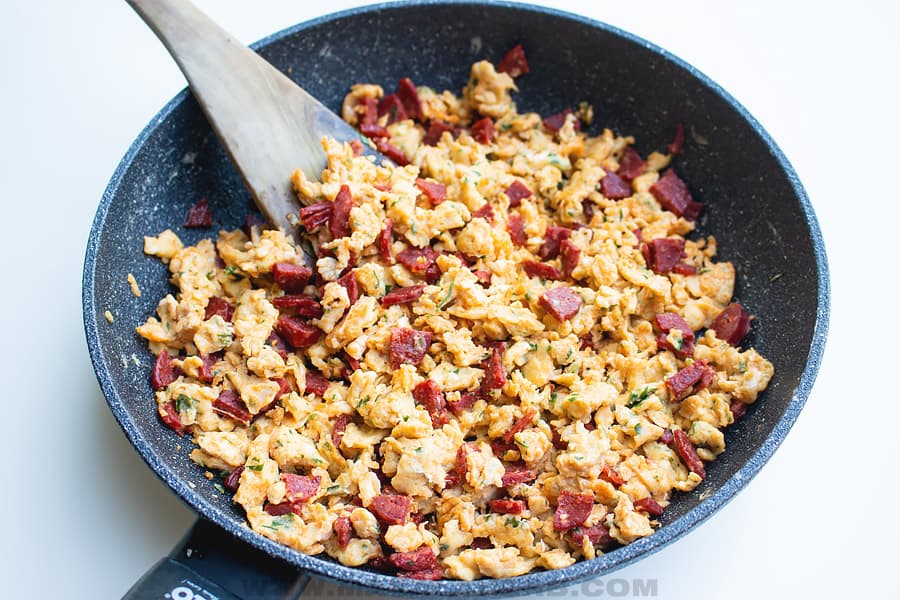 breakfast skillet with eggs and chorizo