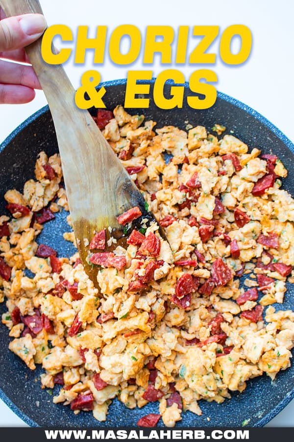 chorizo and eggs in a skillet