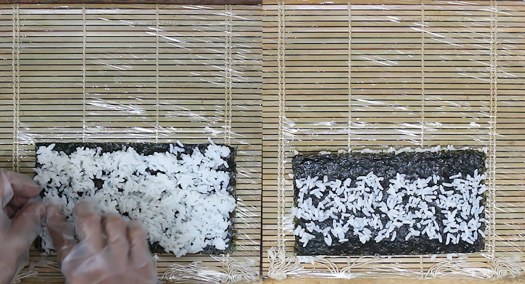 spread cooked sushi rice over nori sheet