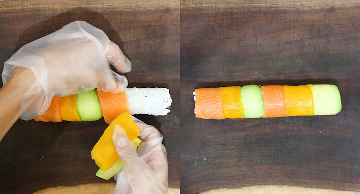 arrange topping of rainbow roll