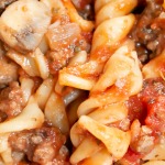 baked pasta with ground beef casserole close up