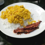 Goan Para fish pickle cooked and served with rice and dal curry