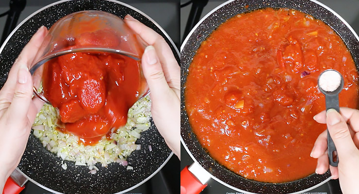 prepare sauce, saute onion and stir in whole peeled tomatoes