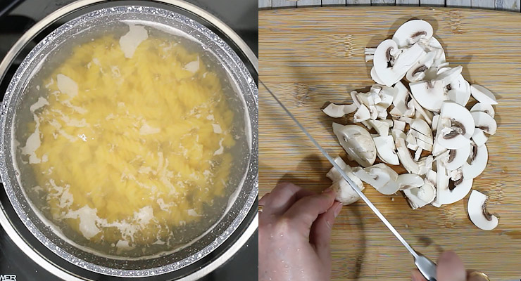 cook noodles and slice mushroom