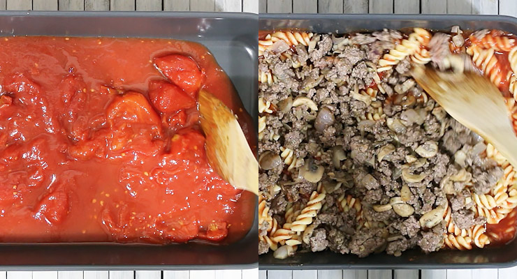 spread canned peeled tomato in casserole dish and stir in pasta and ground beef