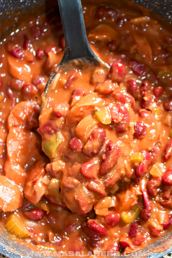 red beans and rice prepared from scratch in a pot with sausages