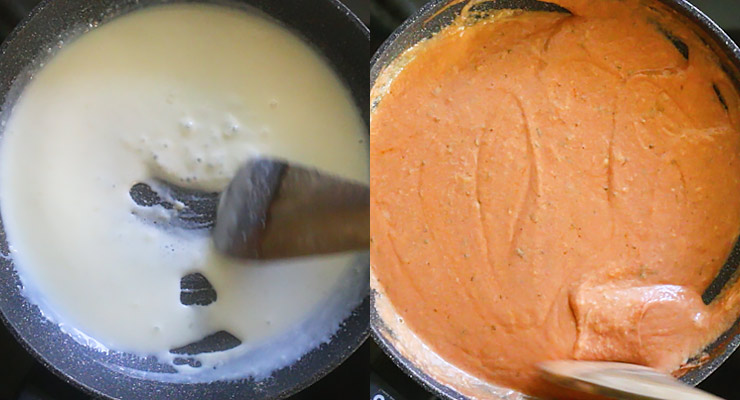 prepare alfredo add tomato marinara, seaso and add cheese for ziti sauce