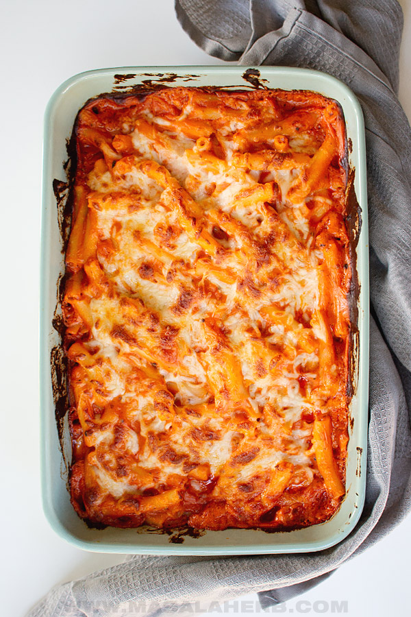 top down view picture of baked homemade ziti al forno