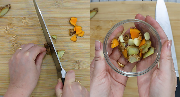 cut turmeric root, ginger and garlic