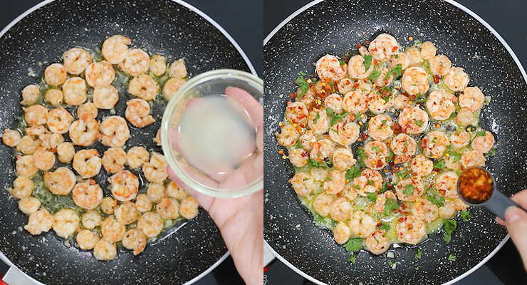 take shrimp from heat and stir in lime juice, cilantro and crushed red pepper