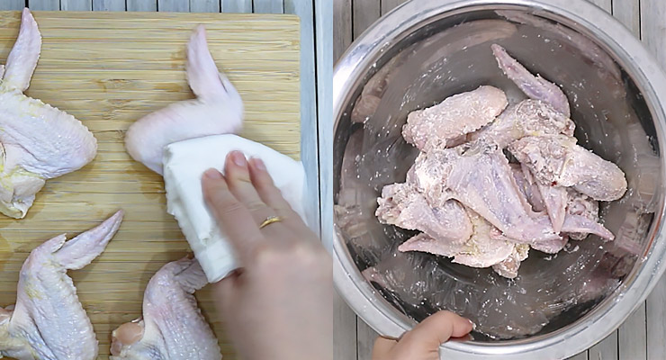 pat dry chicken wings and coat with baking powder