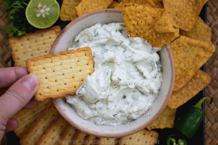 quick cream cheese dip in a bowl for a party