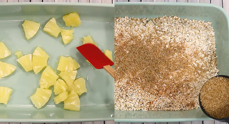 spread pineapple and oatmeal in a baking dish