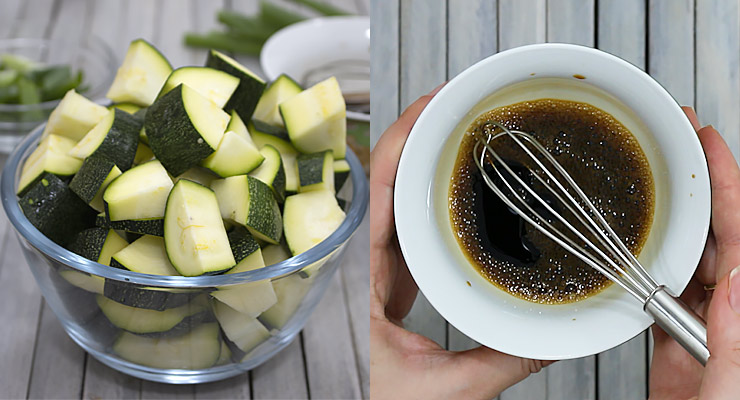 cut zucchini and prepare stir fry sauce