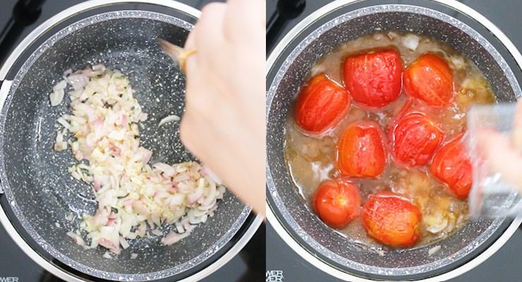 saute onion and garlic add tomato stock and seasoning