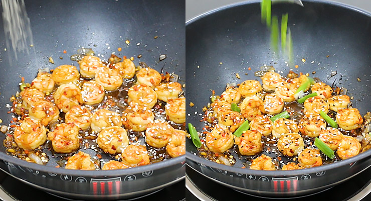 Sprinkle red chili pepper flakes and sesame with spring onion stalks as a topping