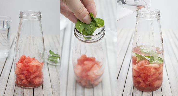 place watermelon and mint in a bottle