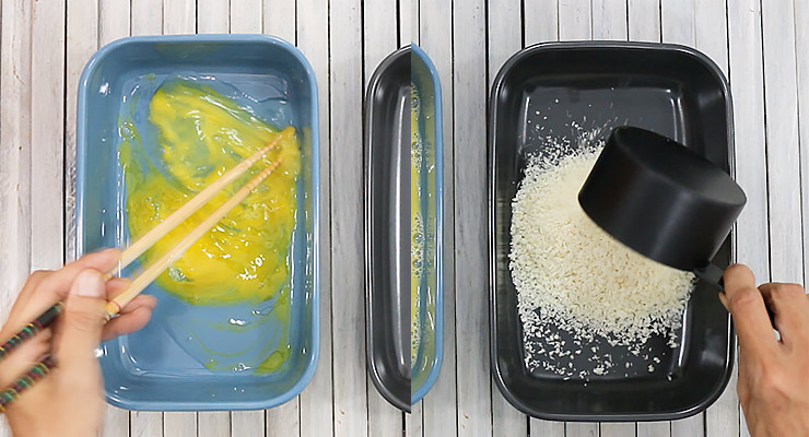 scramble egg and prepare a tray with panko